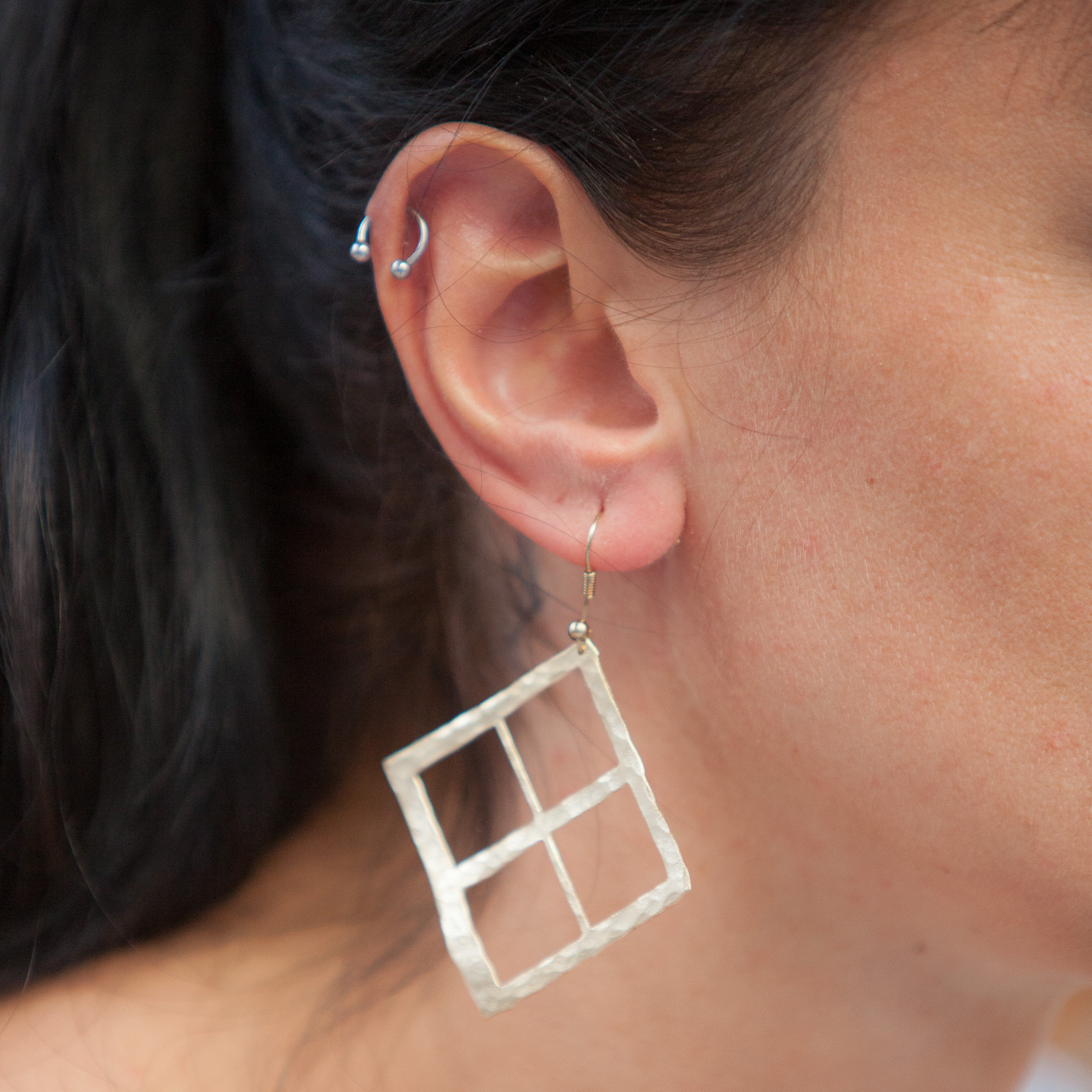 Wide square cut out hammered handmade gold plated Earrings